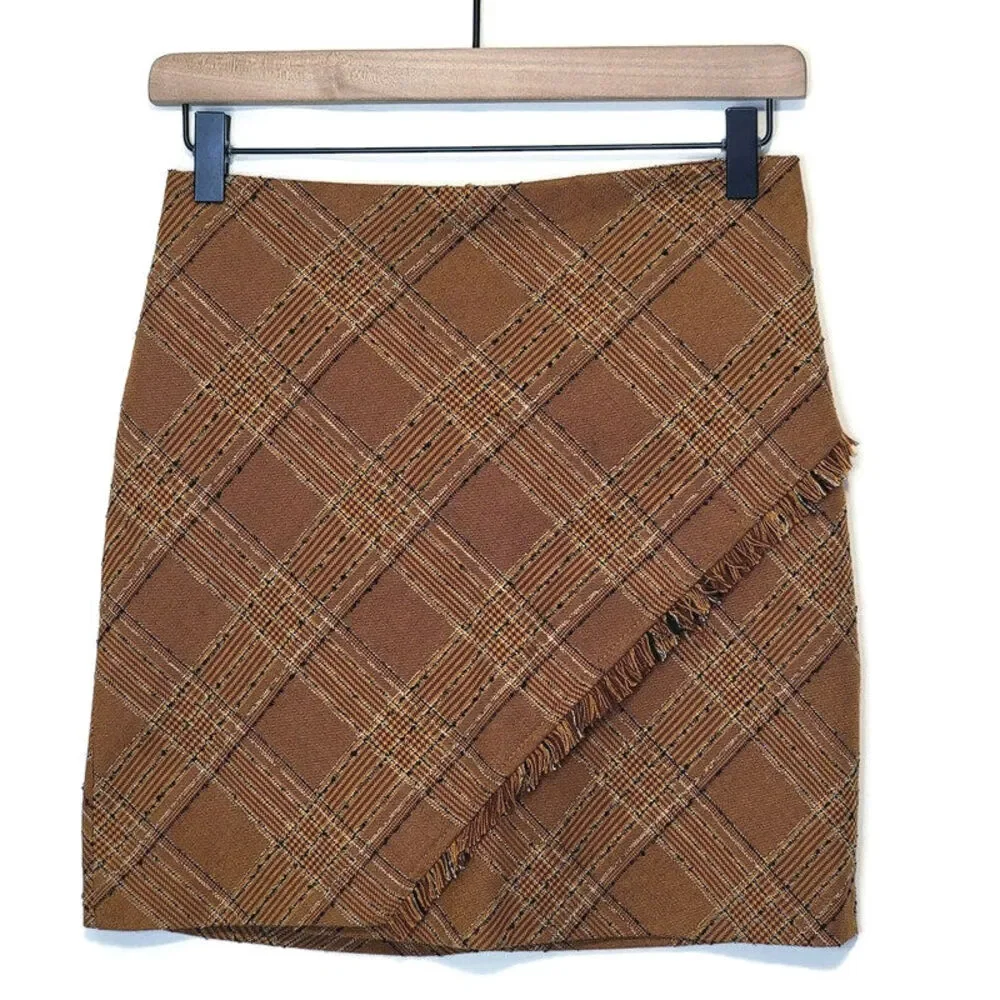 Free People Plaid Tweed Brown Mini Skirt Fringe Boho Preppy Fall Size 0